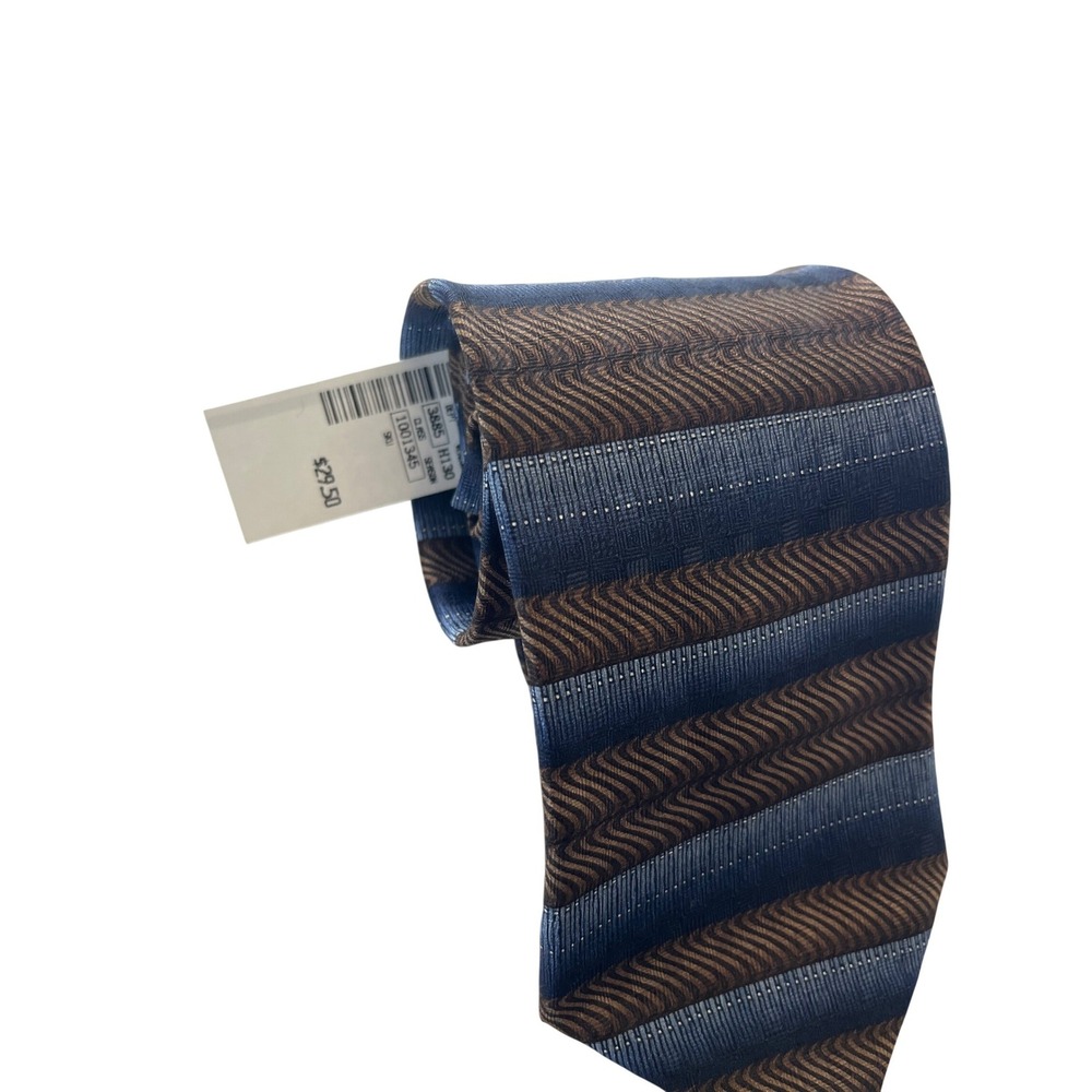 IVY FRONT Mens Silk Necktie Blue Brown Geometric Stripe Designer Business Formal